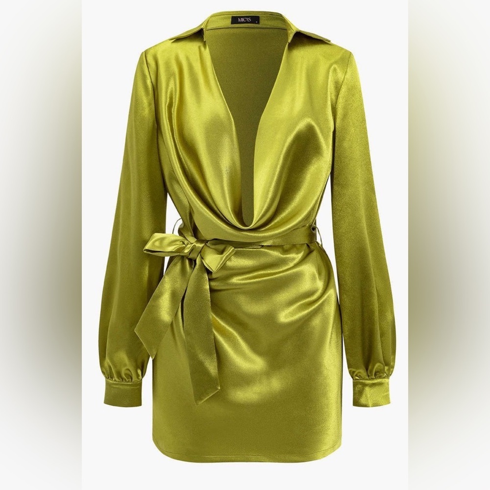 Micas Satin Olive Green Dress with Cowl Neck & Tie Belt